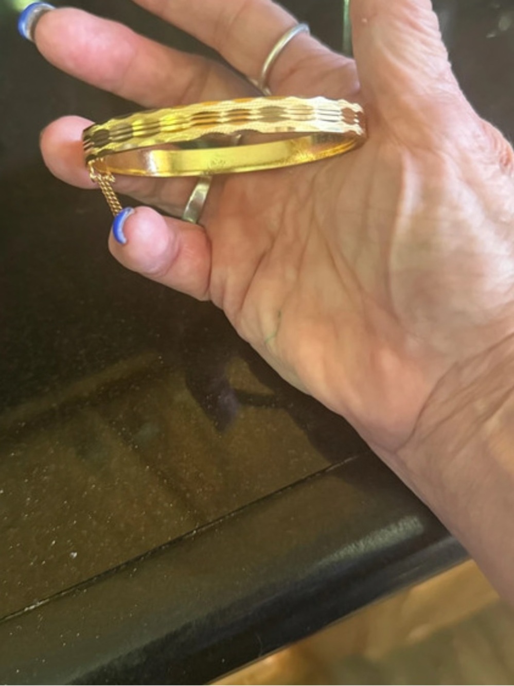Unk Gold Textured Hinged Bangle Bracelet with Safety Chain